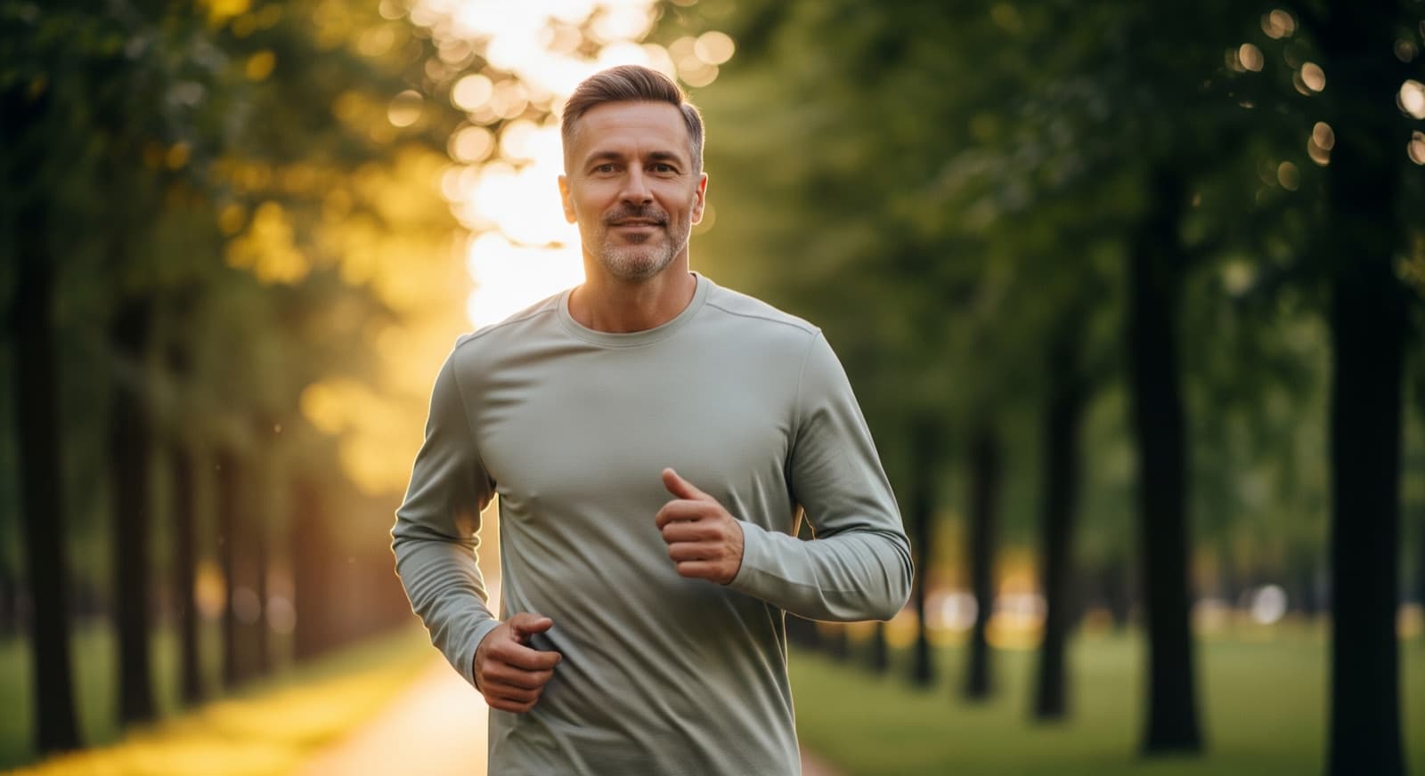 A healthy man in his forties jogging along a tree-lined park path at golden hour