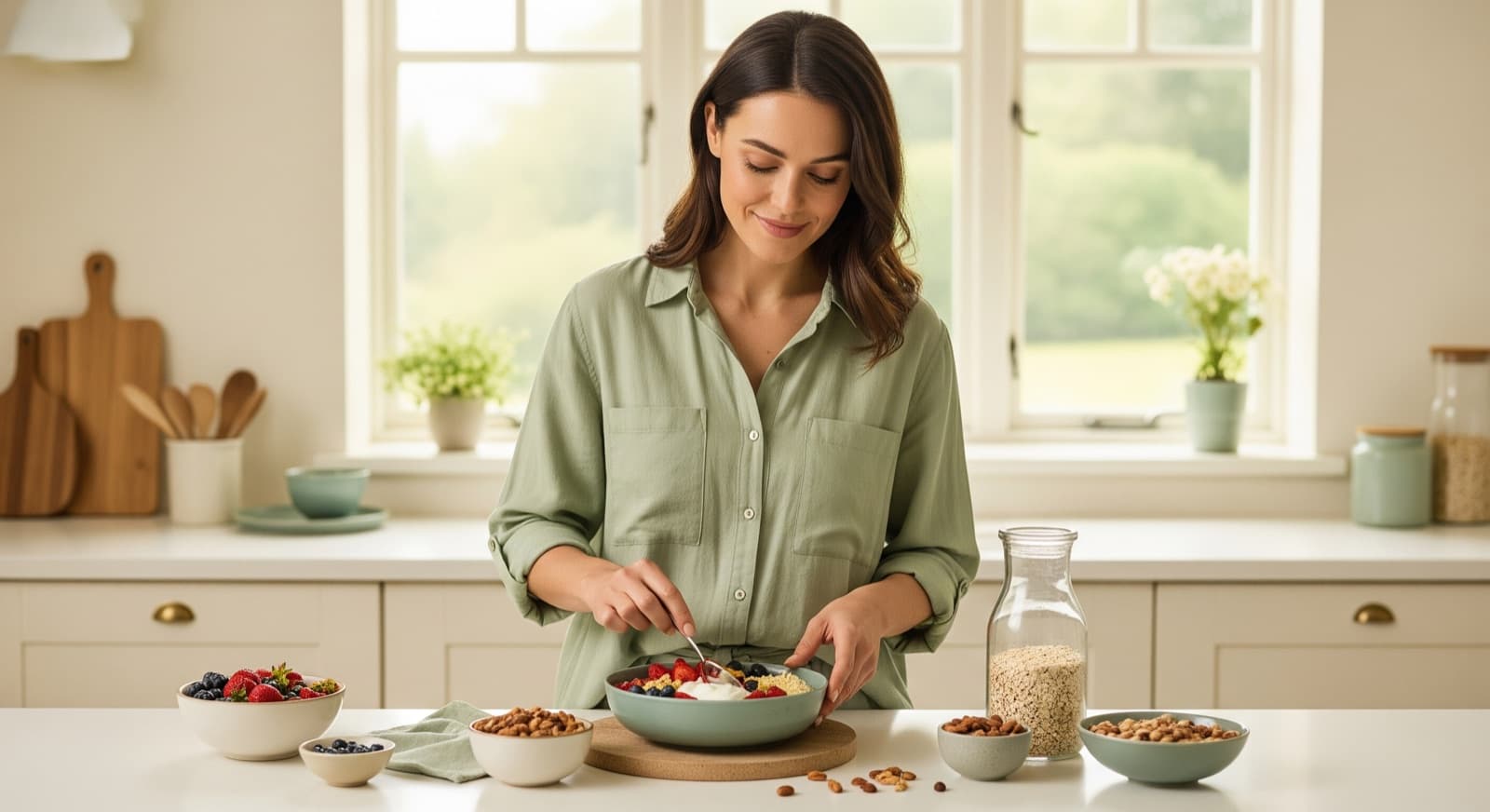 A woman preparing a fresh, colourful healthy breakfast in a bright kitchen
