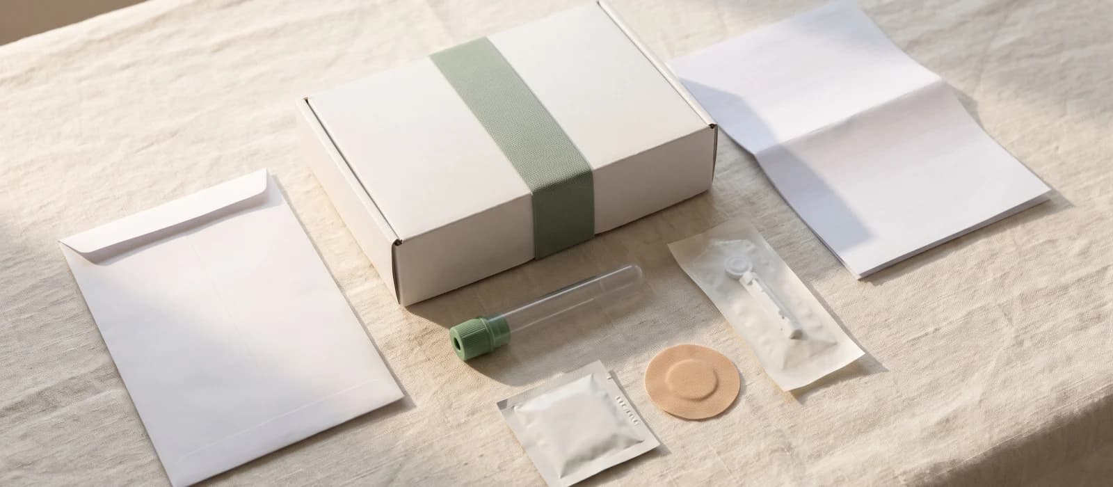 A home blood test kit laid out on linen: the box, an instruction leaflet, a sample tube, a lancet, an alcohol wipe, a plaster and a prepaid return envelope