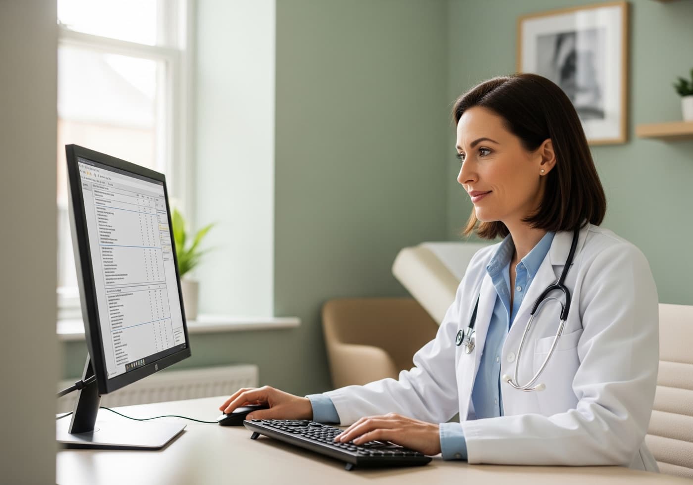 A doctor reviewing blood test results on a computer screen